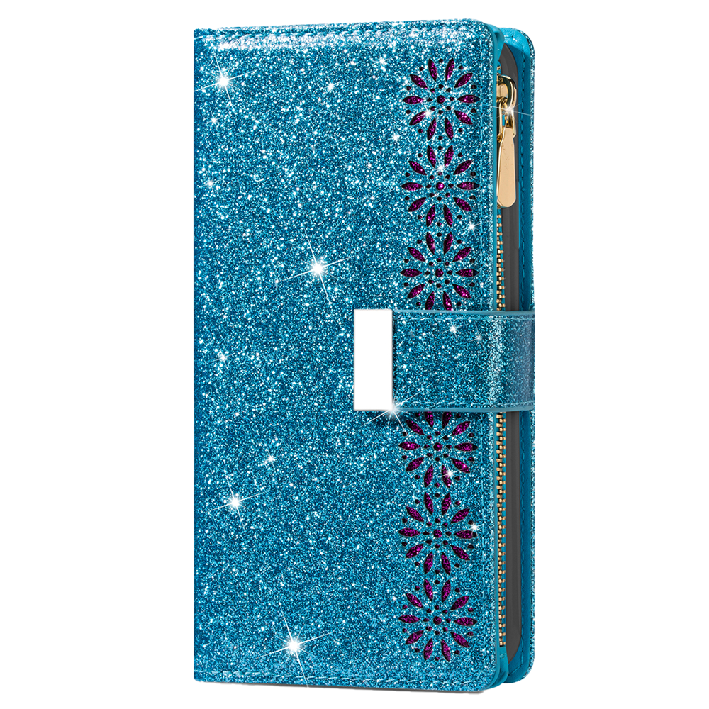 iPhone 15 Plus hoesje - Bookcase - Koord - Pasjeshouder - Portemonnee - Glitter - Bloemenpatroon - Kunstleer - Blauw afbeelding