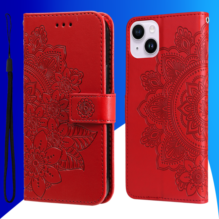 JVS Products iPhone 15 Plus hoesje -  Bookcase -  Pasjeshouder -  Portemonnee -  Bloemenprint -  Kunstleer -  Rood