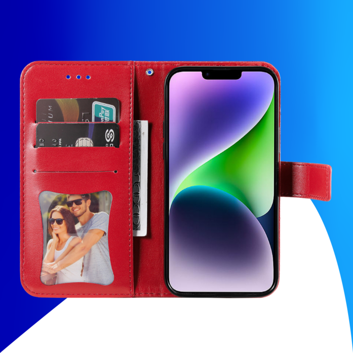 JVS Products iPhone 15 Plus hoesje -  Bookcase -  Pasjeshouder -  Portemonnee -  Bloemenprint -  Kunstleer -  Rood