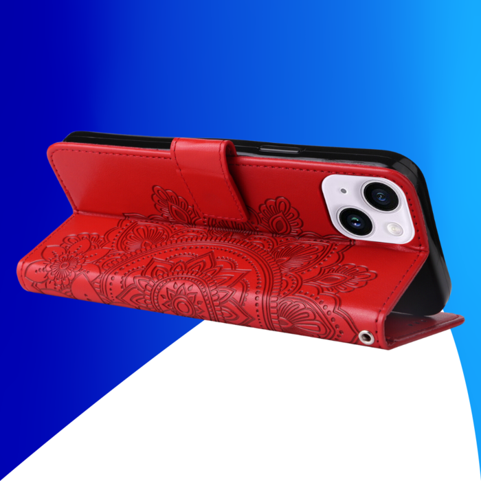 JVS Products iPhone 15 Plus hoesje -  Bookcase -  Pasjeshouder -  Portemonnee -  Bloemenprint -  Kunstleer -  Rood