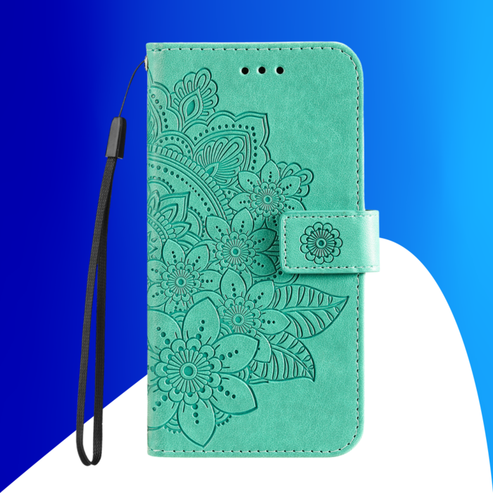 JVS Products iPhone 15 Pro hoesje - Bookcase - Pasjeshouder - Portemonnee - Bloemenprint - Kunstleer - Turquoise