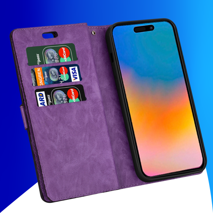 JVS Products iPhone 15 Plus hoesje - Bookcase - Koord - Pasjeshouder - Portemonnee - Rits - Kunstleer - Paars