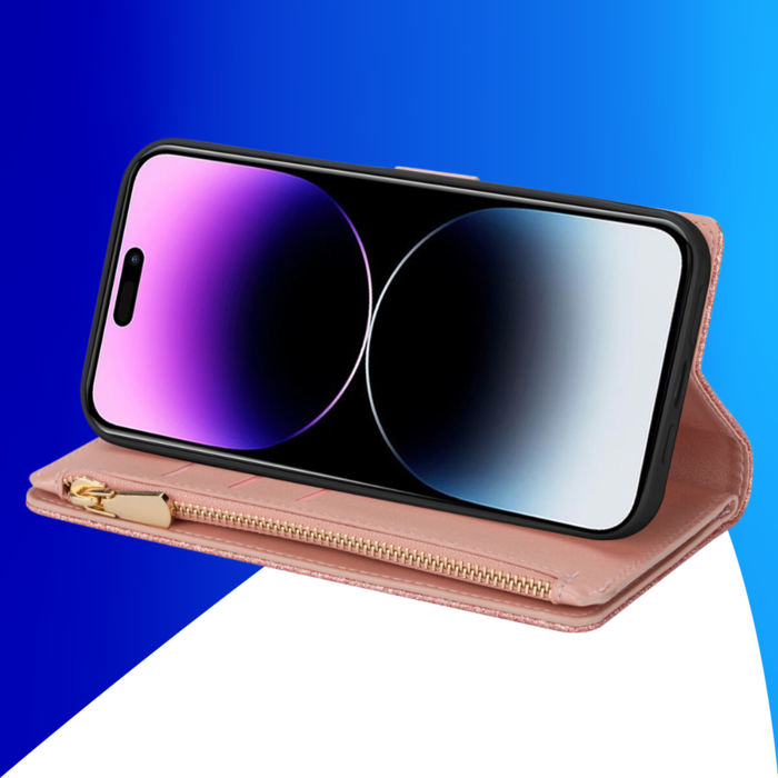 JVS Products iPhone 15 Pro Max hoesje - Bookcase - Koord - Pasjeshouder - Portemonnee - Glitter - Bloemenpatroon - Kunstleer - Rose Goud