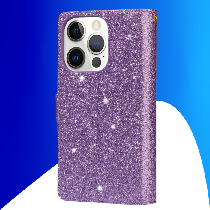 JVS Products iPhone 15 Pro Max hoesje - Bookcase - Koord - Pasjeshouder - Portemonnee - Glitter - Bloemenpatroon - Kunstleer - Paars