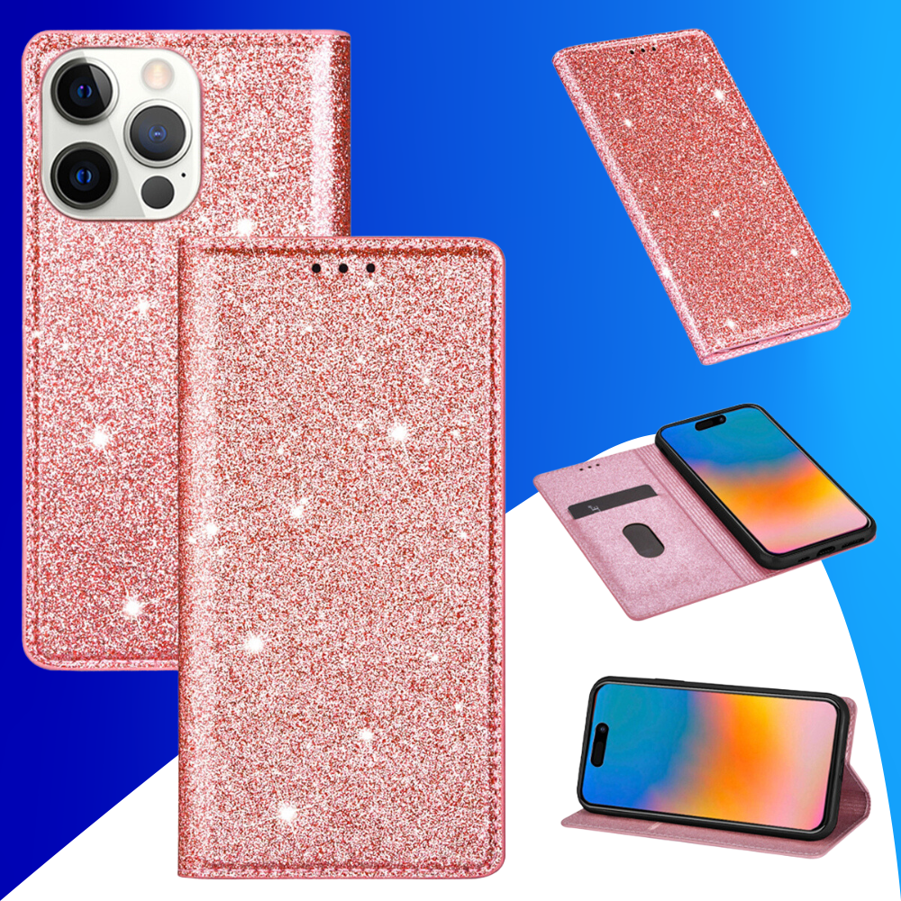JVS Products iPhone 15 Pro Max hoesje - Bookcase - Pasjeshouder - Portemonnee - Glitter - TPU - Rose Goud