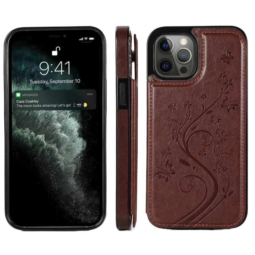 iPhone 15 Plus hoesje - Backcover - Pasjeshouder - Portemonnee - Bloemenprint - Kunstleer - Bruin afbeelding