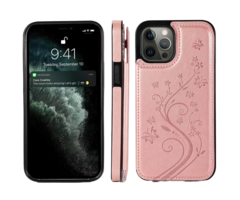 JVS Products iPhone 15 hoesje -  Backcover -  Pasjeshouder -  Portemonnee -  Bloemenprint -  Kunstleer -  Rose Goud