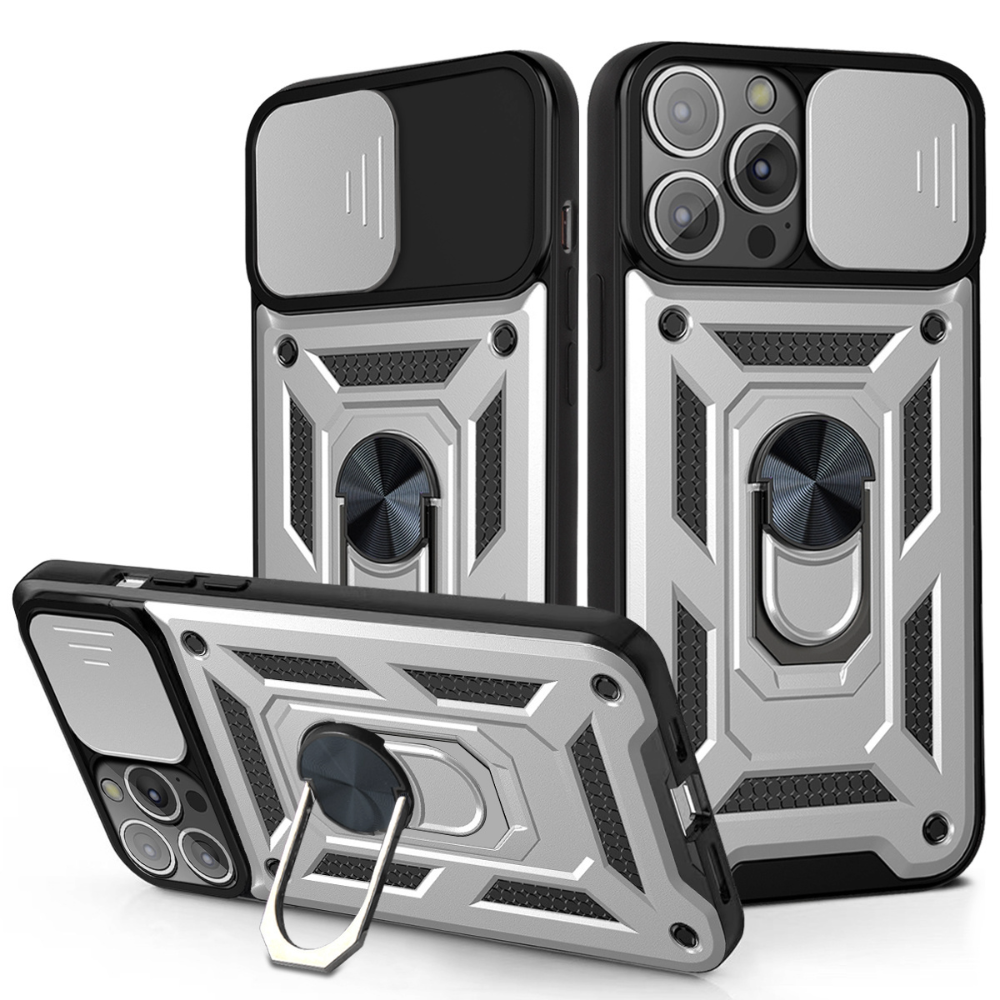 iPhone 15 hoesje - Backcover - Rugged Armor - Camerabescherming - Extra valbescherming - TPU - Zilver afbeelding
