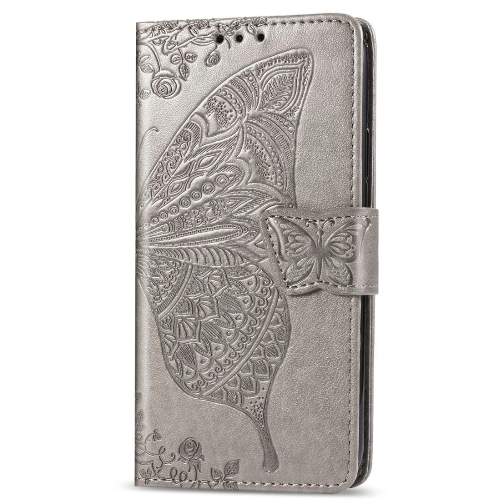 iPhone 15 Pro Max hoesje - Bookcase - Pasjeshouder - Portemonnee - Vlinderpatroon - Kunstleer - Grijs afbeelding