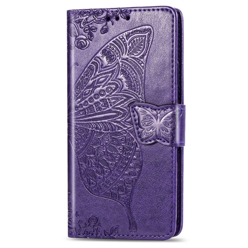 iPhone 15 Pro hoesje - Bookcase - Pasjeshouder - Portemonnee - Vlinderpatroon - Kunstleer - Donkerpaars afbeelding