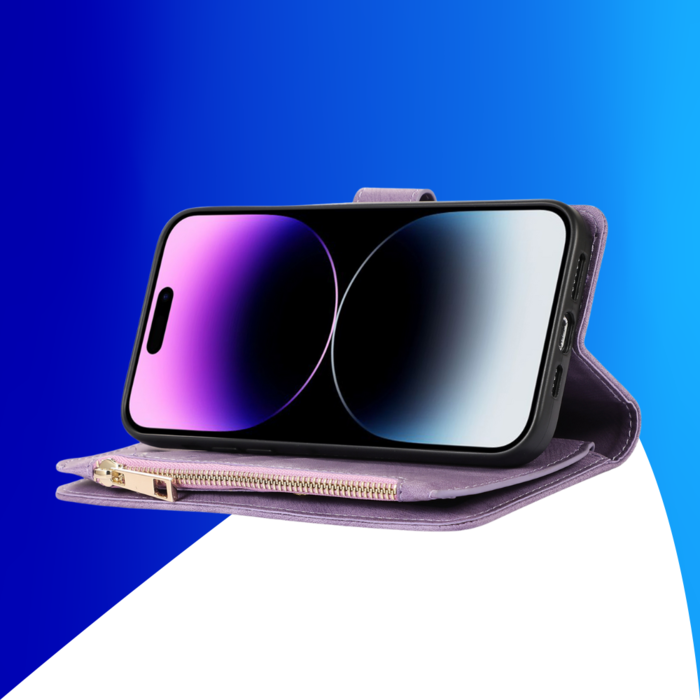 JVS Products iPhone 15 hoesje - Bookcase - Pasjeshouder - Portemonnee - Koord - Kunstleer - Paars