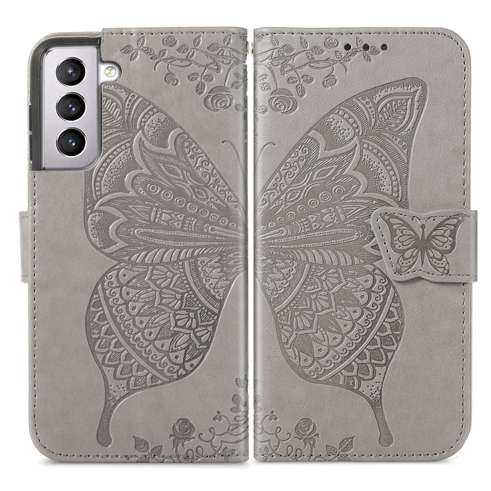 JVS Products Samsung Galaxy A25 hoesje - Bookcase - Pasjeshouder - Portemonnee - Vlinderpatroon - Kunstleer - Grijs