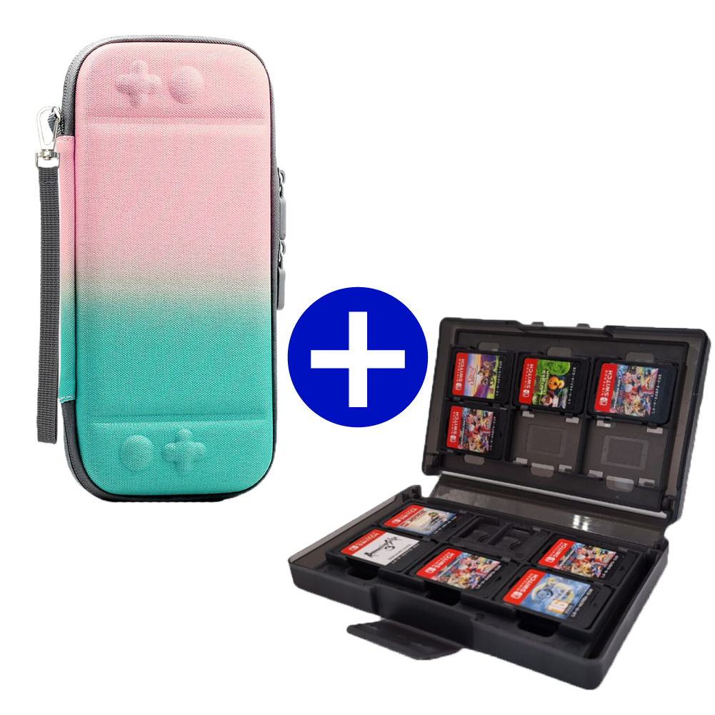 Case geschikt voor Nintendo Switch / Nintendo Switch OLED + Game Card hoes - 12 Games - Draagtas - Opbergtas - Roze/Groen/Grijs