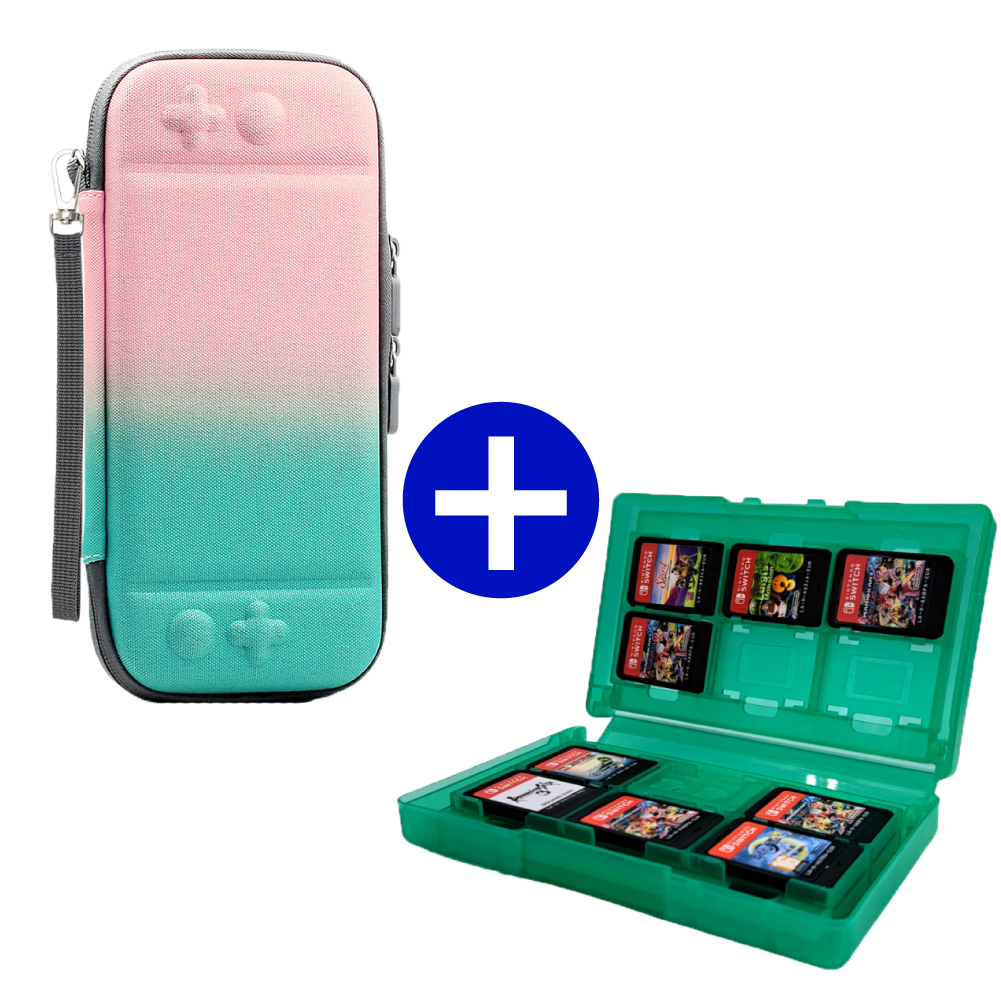Case geschikt voor Nintendo Switch / Nintendo Switch OLED + Game Card hoes - 12 Games - Draagtas - Opbergtas - Roze/Groen/Groen