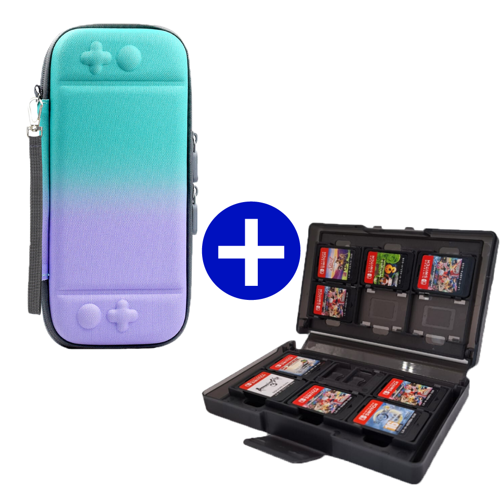 Case geschikt voor Nintendo Switch / Nintendo Switch OLED + Game Card hoes - 12 Games - Draagtas - Opbergtas - Blauw/Paars/Grijs