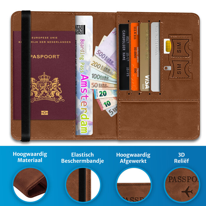 JVS Products Paspoort hoesje - Paspoorthouder - Paspoort cover - RFID - Kunstleer - Bruin