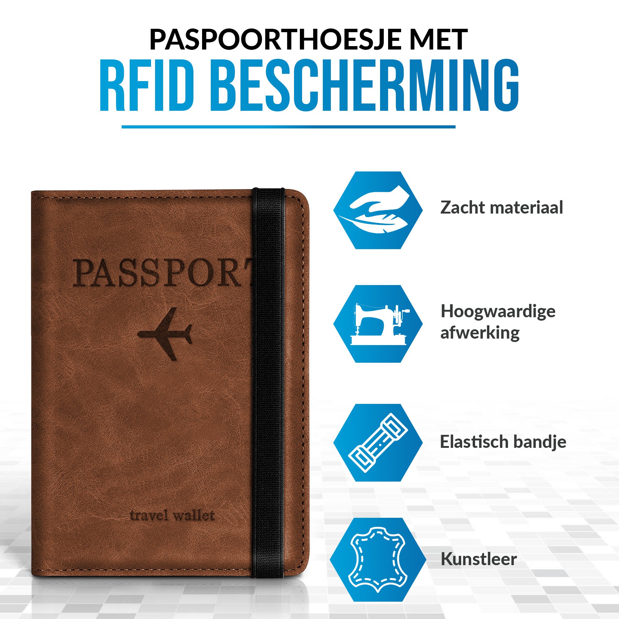JVS Products Paspoort hoesje - Paspoorthouder - Paspoort cover - RFID - Kunstleer - Bruin