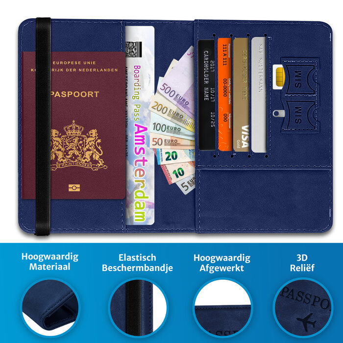 JVS Products Paspoort hoesje - Paspoorthouder - Paspoort cover - RFID - Kunstleer - Blauw