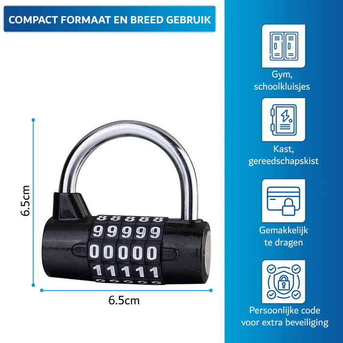 JVS Products Hangslot - Cijferslot - Hangcijferslot - Met Cijfercode - 65mm - Zwart