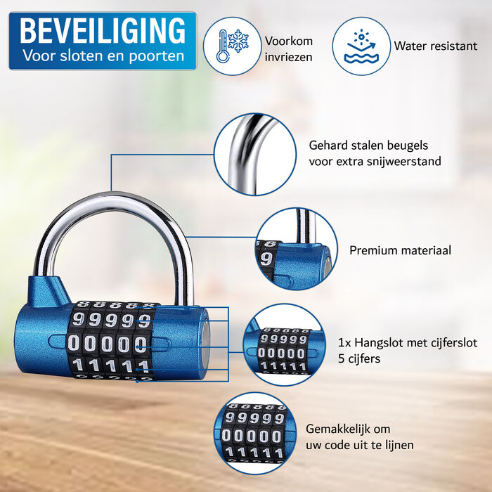 JVS Products Hangslot - Cijferslot - Hangcijferslot - Met Cijfercode - 65mm - Blauw