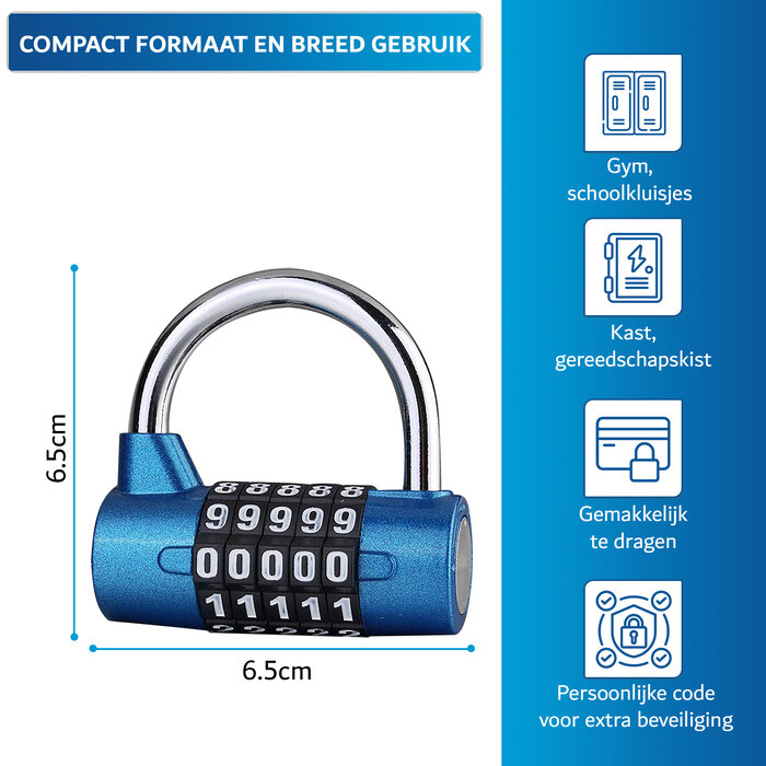 JVS Products Hangslot - Cijferslot - Hangcijferslot - Met Cijfercode - 65mm - Blauw