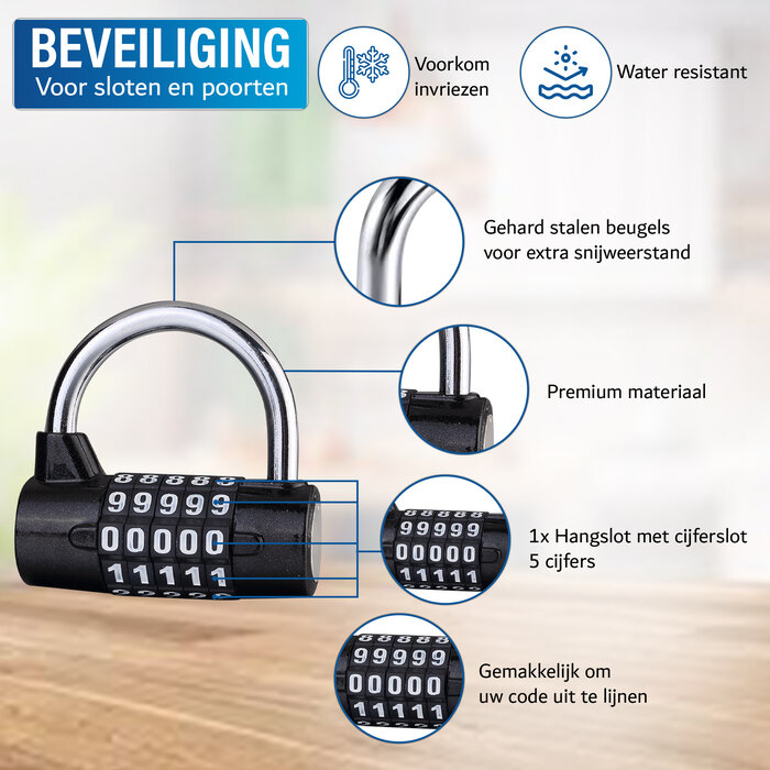 JVS Products Hangslot - Cijferslot - Hangcijferslot - Met Cijfercode - 65mm - Zwart