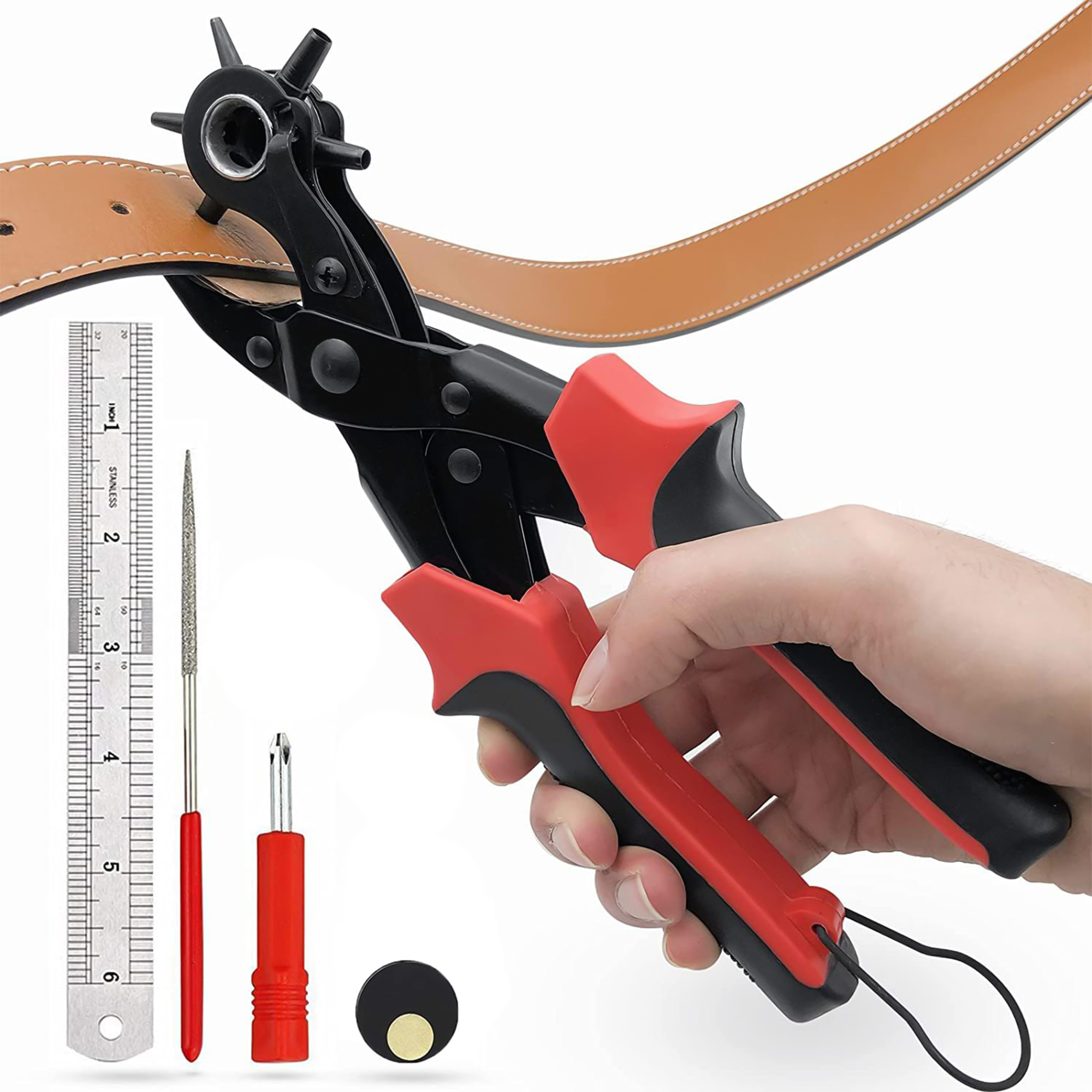Gaatjestang - Gaatjesmaker - Ponstang - Riem - 5-delige Set - Rood/Zwart - Met Handvaten - Met Onderdelen afbeelding