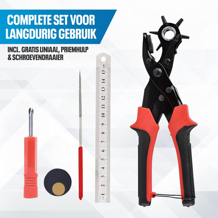 JVS Products Gaatjestang - Gaatjesmaker - Ponstang - Riem - 5-delige Set - Rood/Zwart - Met Handvaten - Met Onderdelen