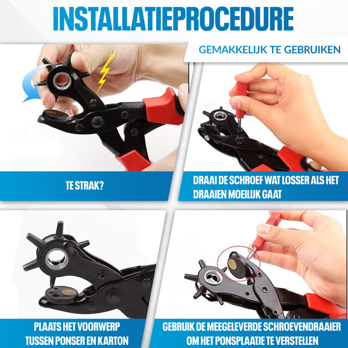 JVS Products Gaatjestang - Gaatjesmaker - Ponstang - Riem - 5-delige Set - Rood/Zwart - Met Handvaten - Met Onderdelen