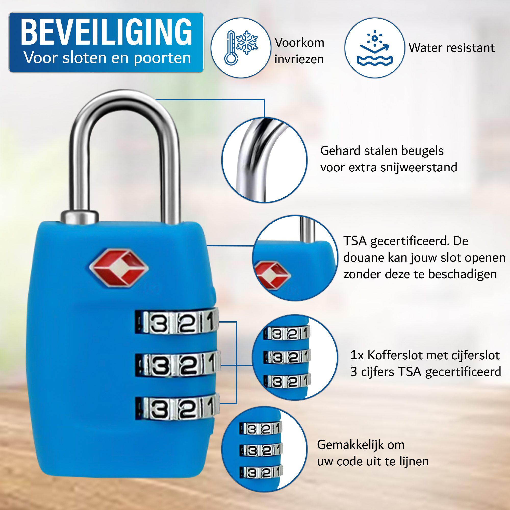 JVS Products Kofferslot - Hangslot - Cijferslot - 3 Cijfers - TSA Gecertificeerd - Lichtblauw