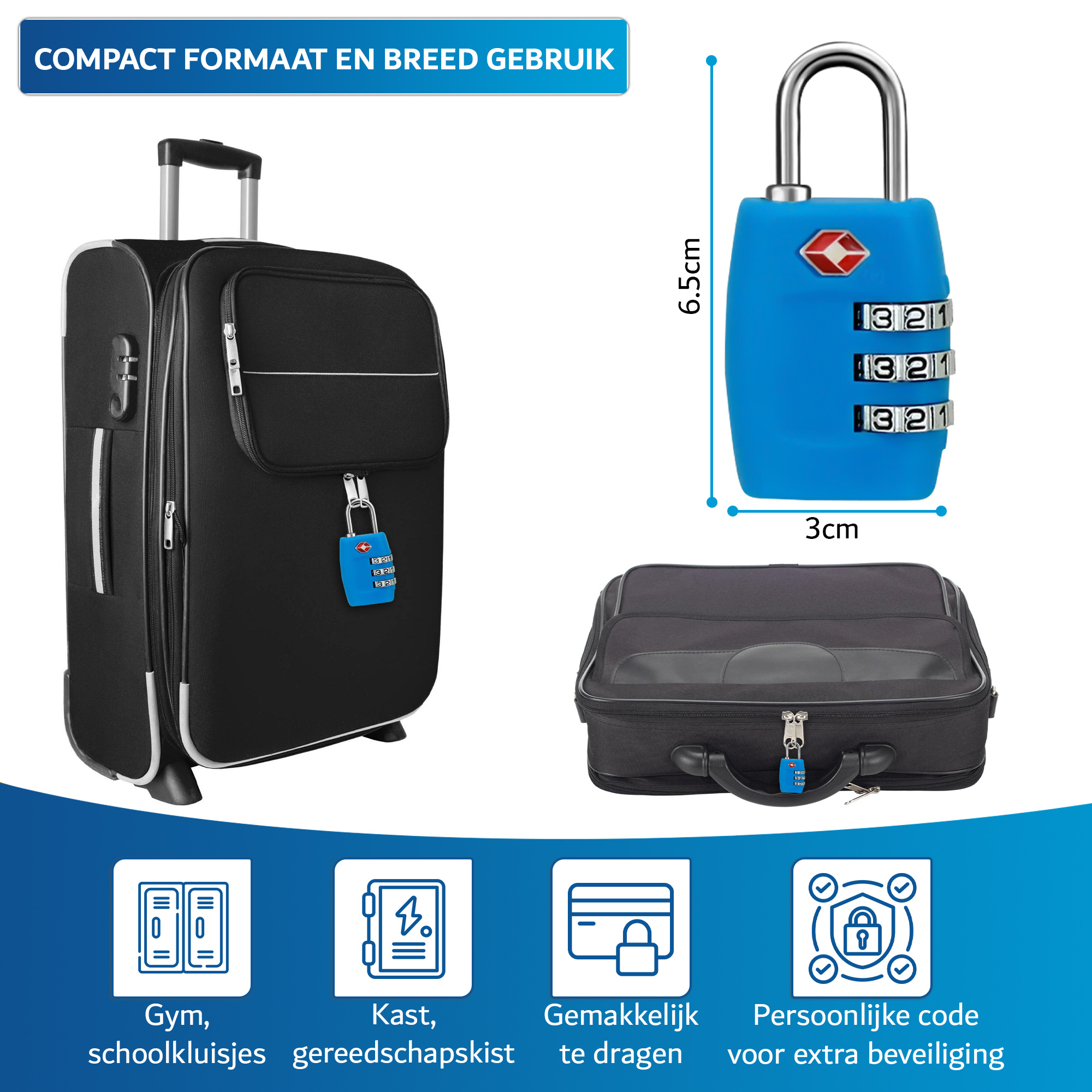 JVS Products Kofferslot - Hangslot - Cijferslot - 3 Cijfers - TSA Gecertificeerd - Lichtblauw