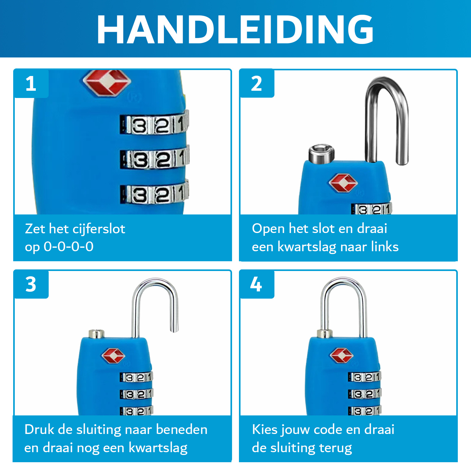 JVS Products Kofferslot - Hangslot - Cijferslot - 3 Cijfers - TSA Gecertificeerd - Lichtblauw