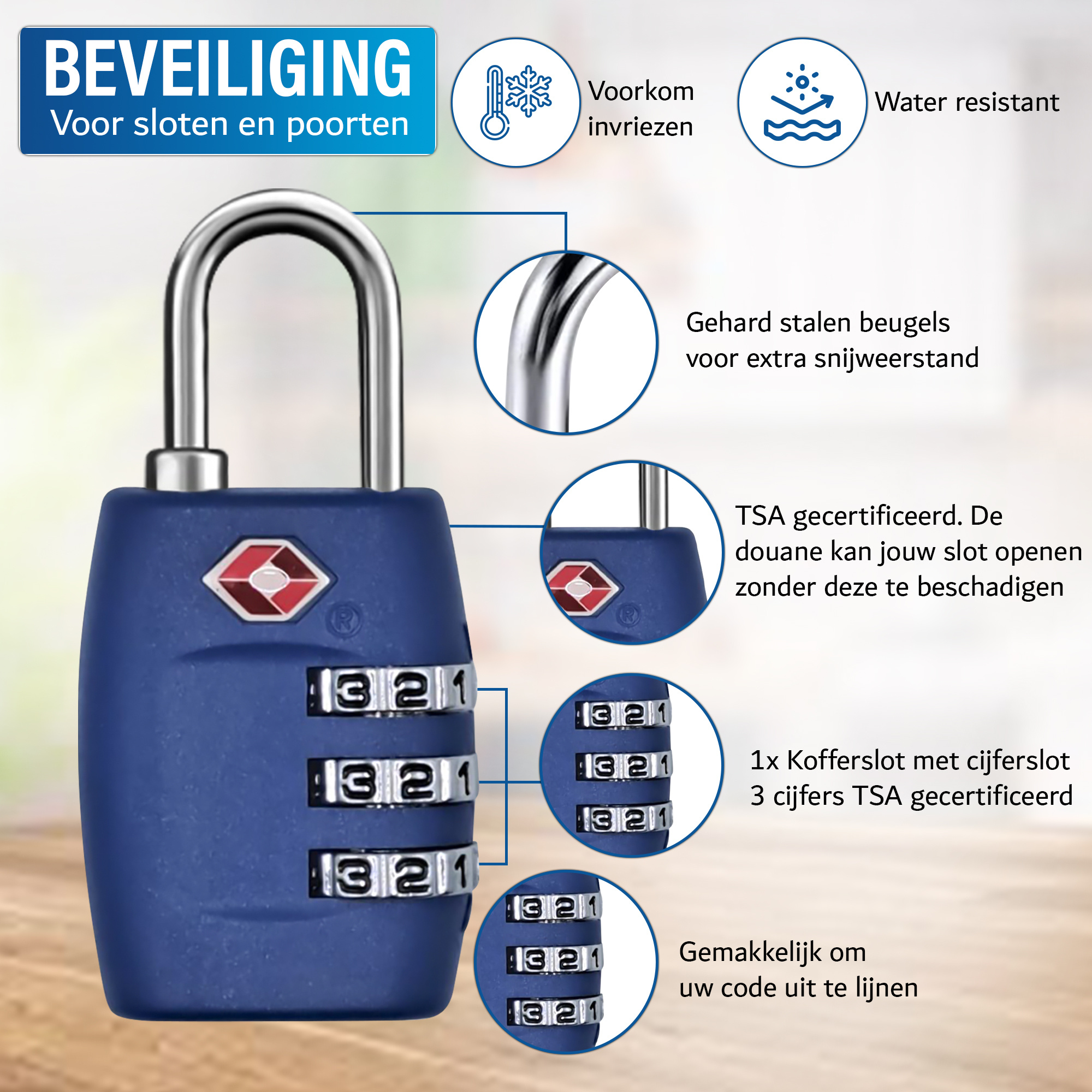 JVS Products Kofferslot - Hangslot - Cijferslot - 3 Cijfers - TSA Gecertificeerd - Donkerblauw