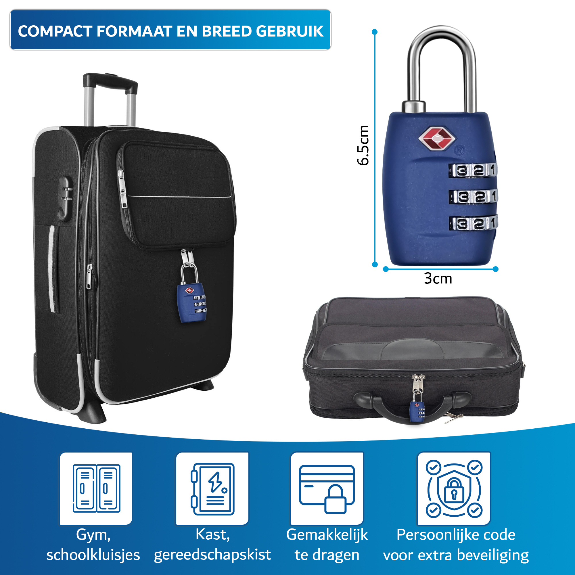 JVS Products Kofferslot - Hangslot - Cijferslot - 3 Cijfers - TSA Gecertificeerd - Donkerblauw