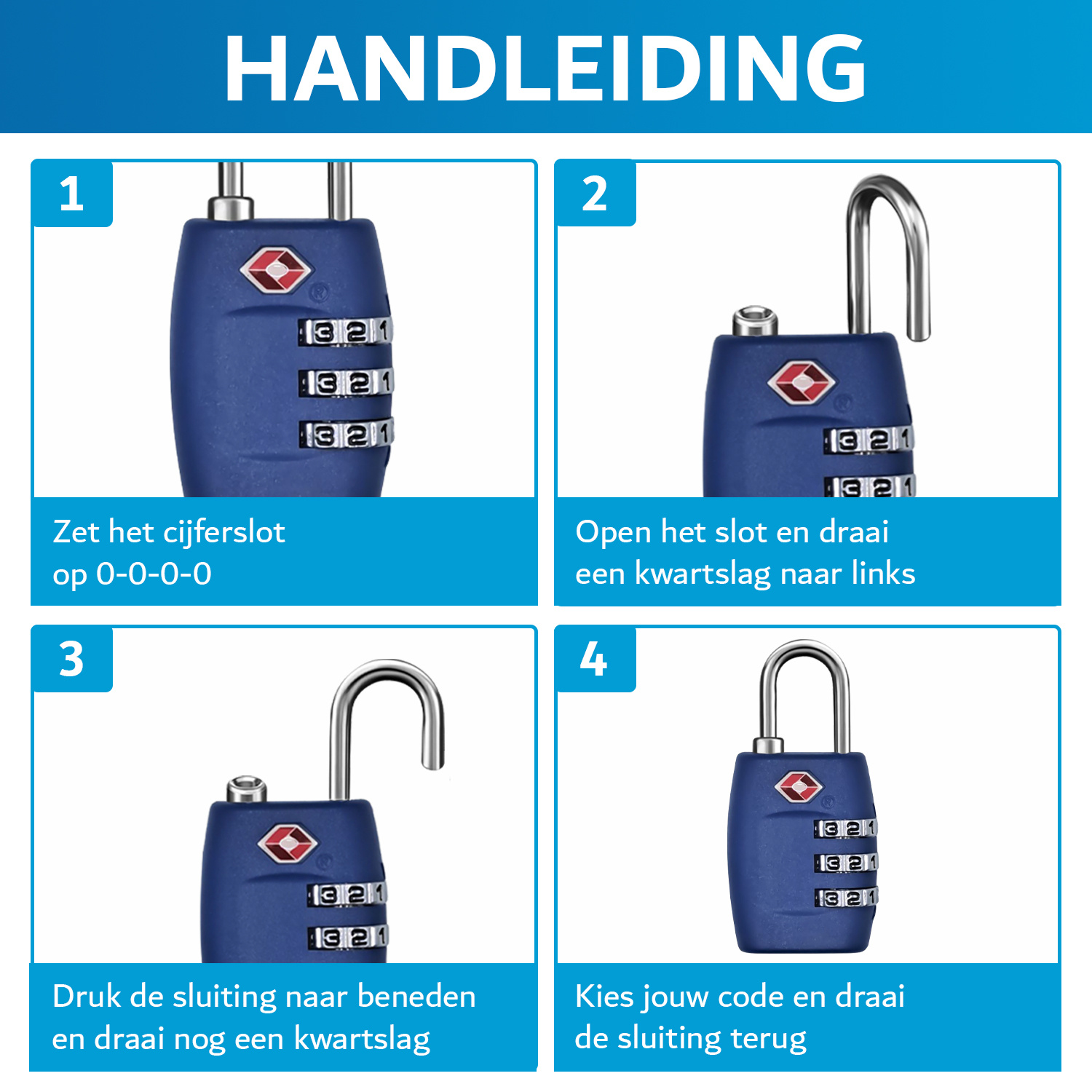 JVS Products Kofferslot - Hangslot - Cijferslot - 3 Cijfers - TSA Gecertificeerd - Donkerblauw