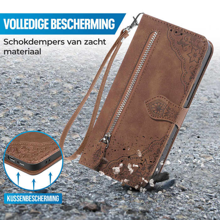 JVS Products Samsung Galaxy A21S hoesje - Bookcase - Koord - Pasjeshouder - Portemonnee - Bloemenpatroon - Kunstleer - Bruin