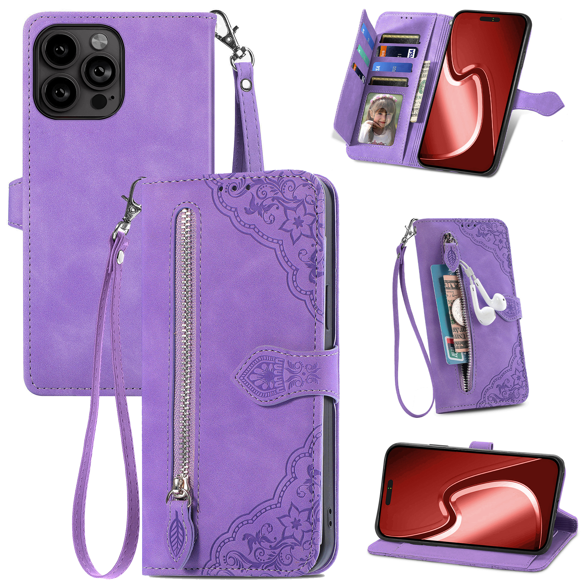 iPhone 14 Pro hoesje - Bookcase - Koord - Pasjeshouder - Portemonnee - Bloemenpatroon - Kunstleer - Paars afbeelding