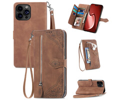 JVS Products OnePlus Nord CE 2 Lite hoesje - Bookcase - Koord - Pasjeshouder - Portemonnee - Bloemenpatroon - Kunstleer - Bruin