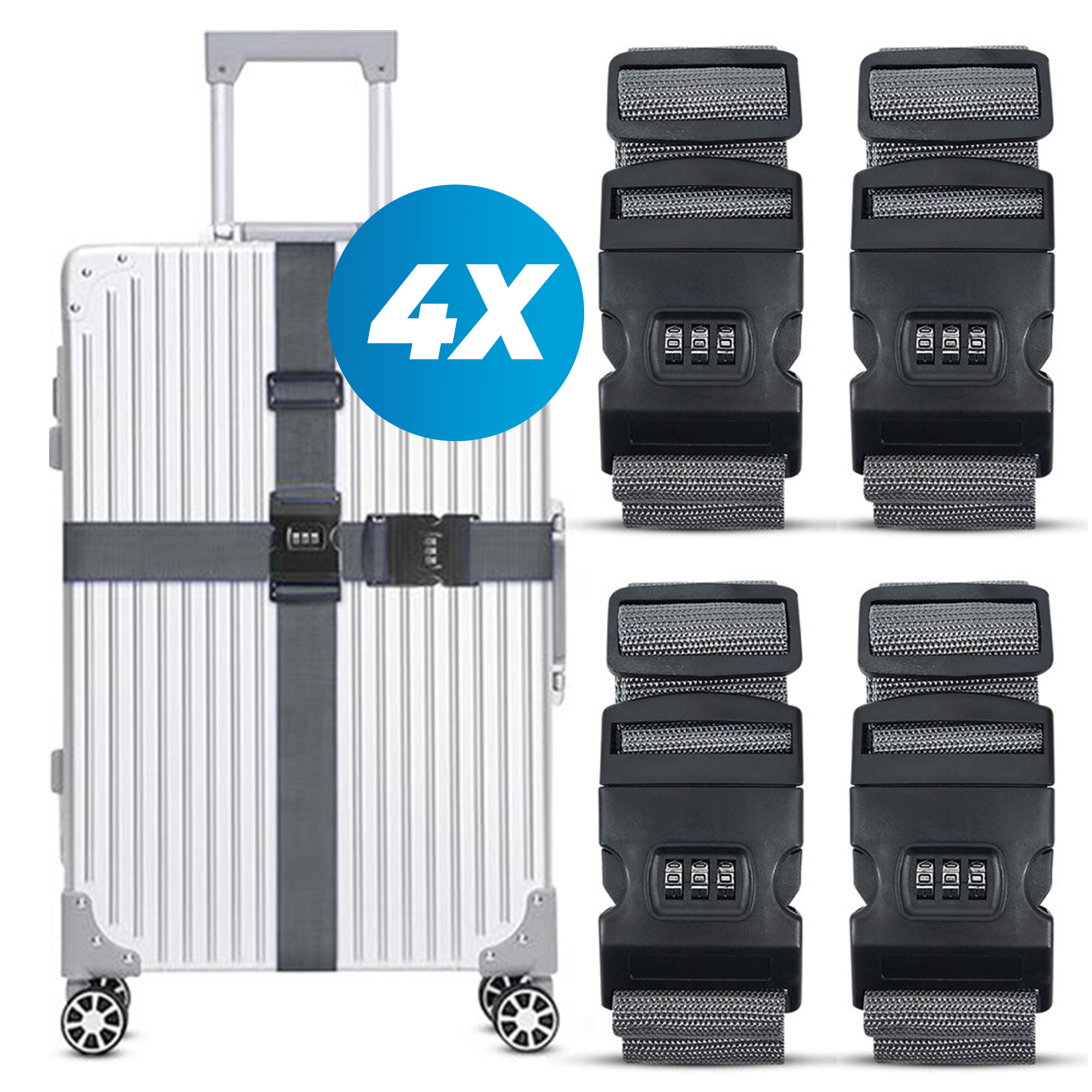 Kofferriem met cijferslot en kofferlabel - 4 stuks - Verstelbaar - Bagageriem - 200 Centimeter - Extra Beveiliging - Reizen - Grijs