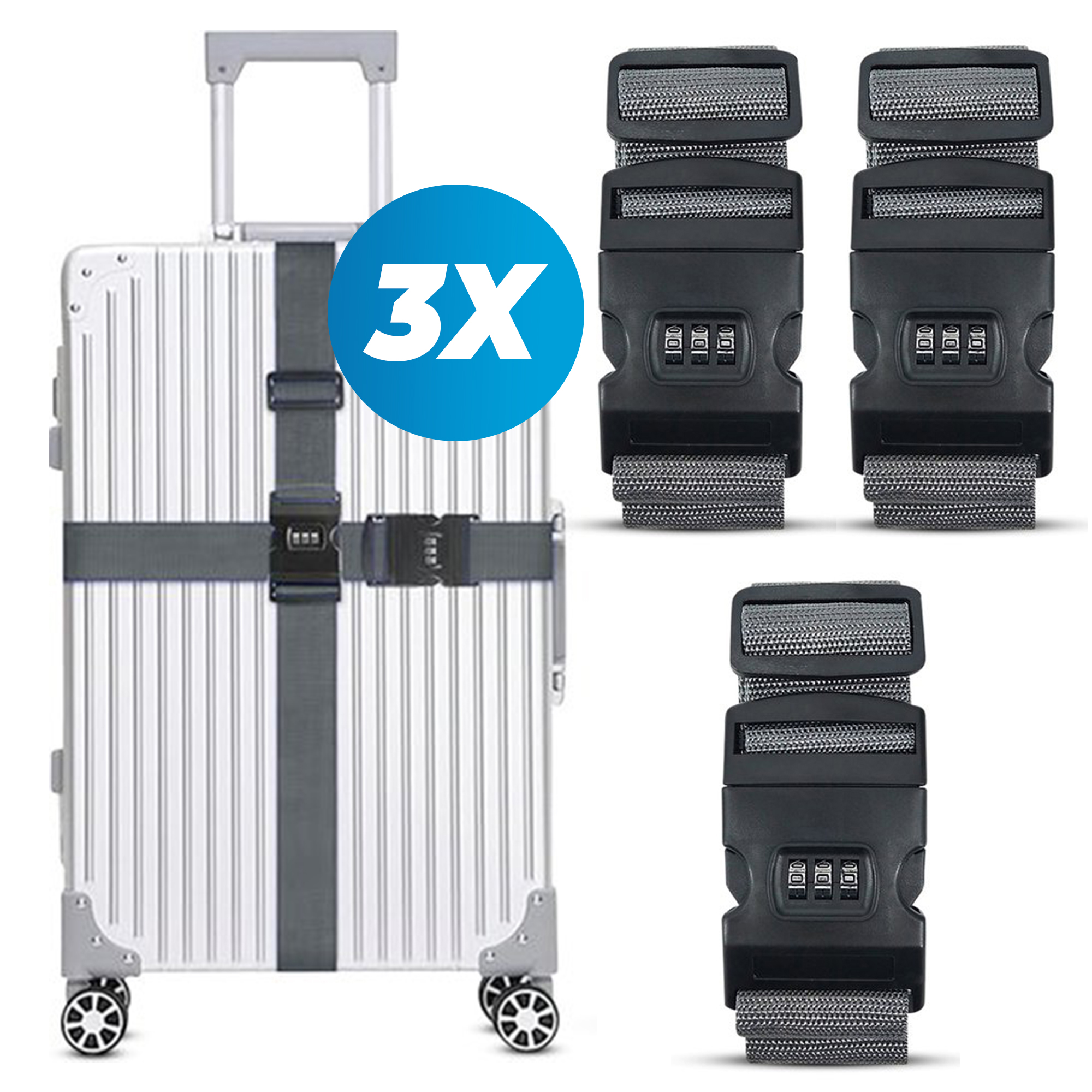 Kofferriem met cijferslot en kofferlabel - 3 stuks - Verstelbaar - Bagageriem - 200 Centimeter - Extra Beveiliging - Reizen - Grijs