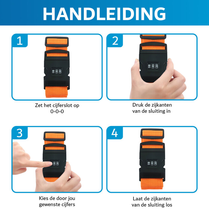 JVS Products Kofferriem met cijferslot en kofferlabel - 4 stuks - Verstelbaar - Bagageriem - 200 Centimeter - Extra Beveiliging - Reizen - Oranje