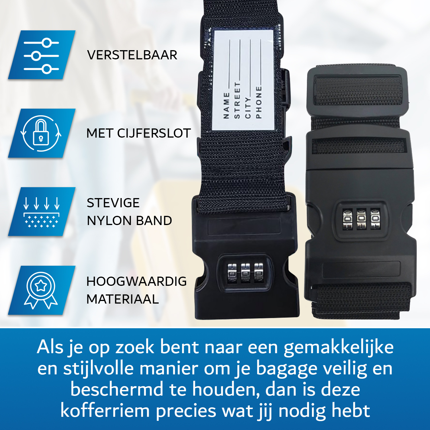 JVS Products Kofferriem met cijferslot en kofferlabel - 4 stuks - Verstelbaar - Bagageriem - 200 Centimeter - Extra Beveiliging - Reizen - Zwart