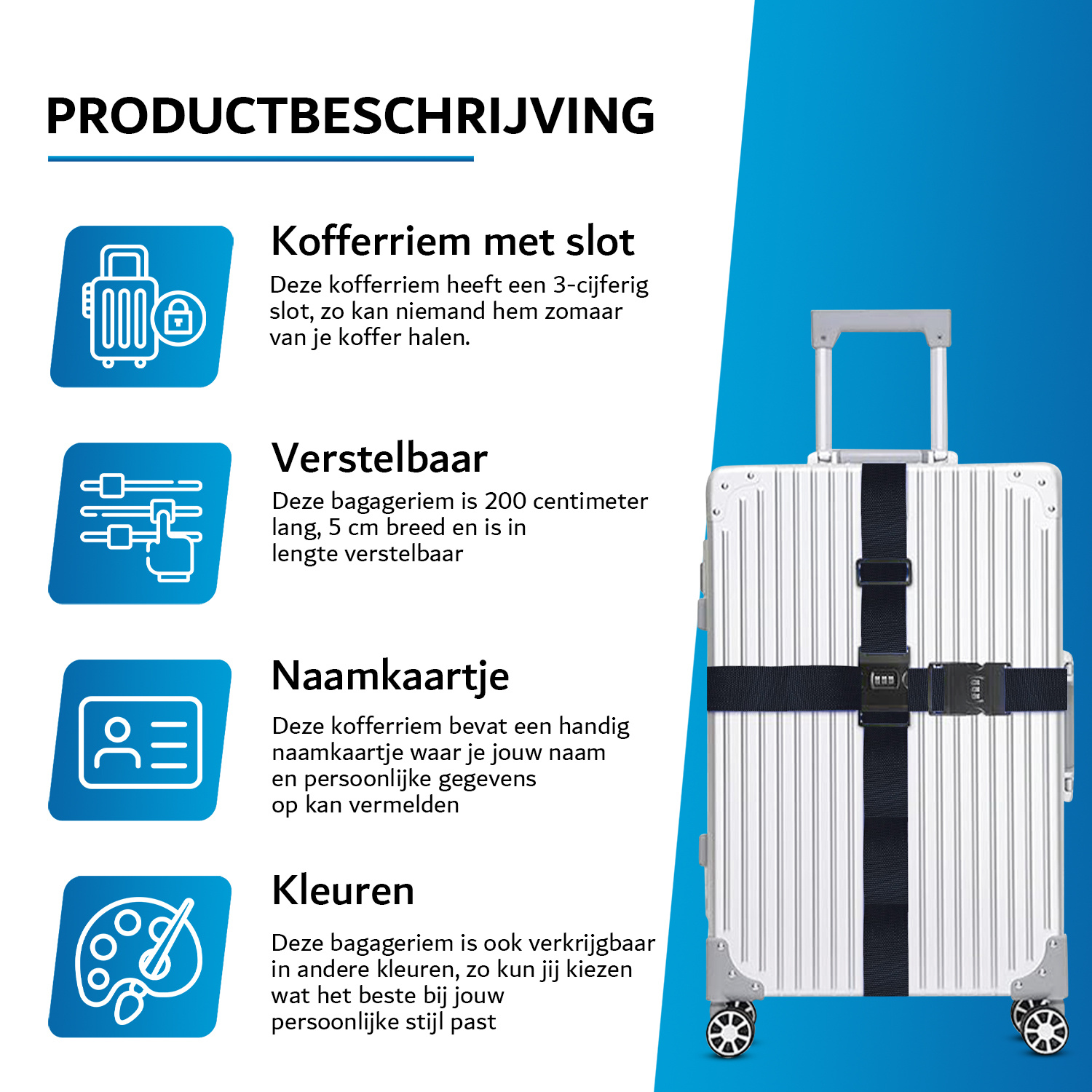 JVS Products Kofferriem met cijferslot en kofferlabel - 4 stuks - Verstelbaar - Bagageriem - 200 Centimeter - Extra Beveiliging - Reizen - Zwart
