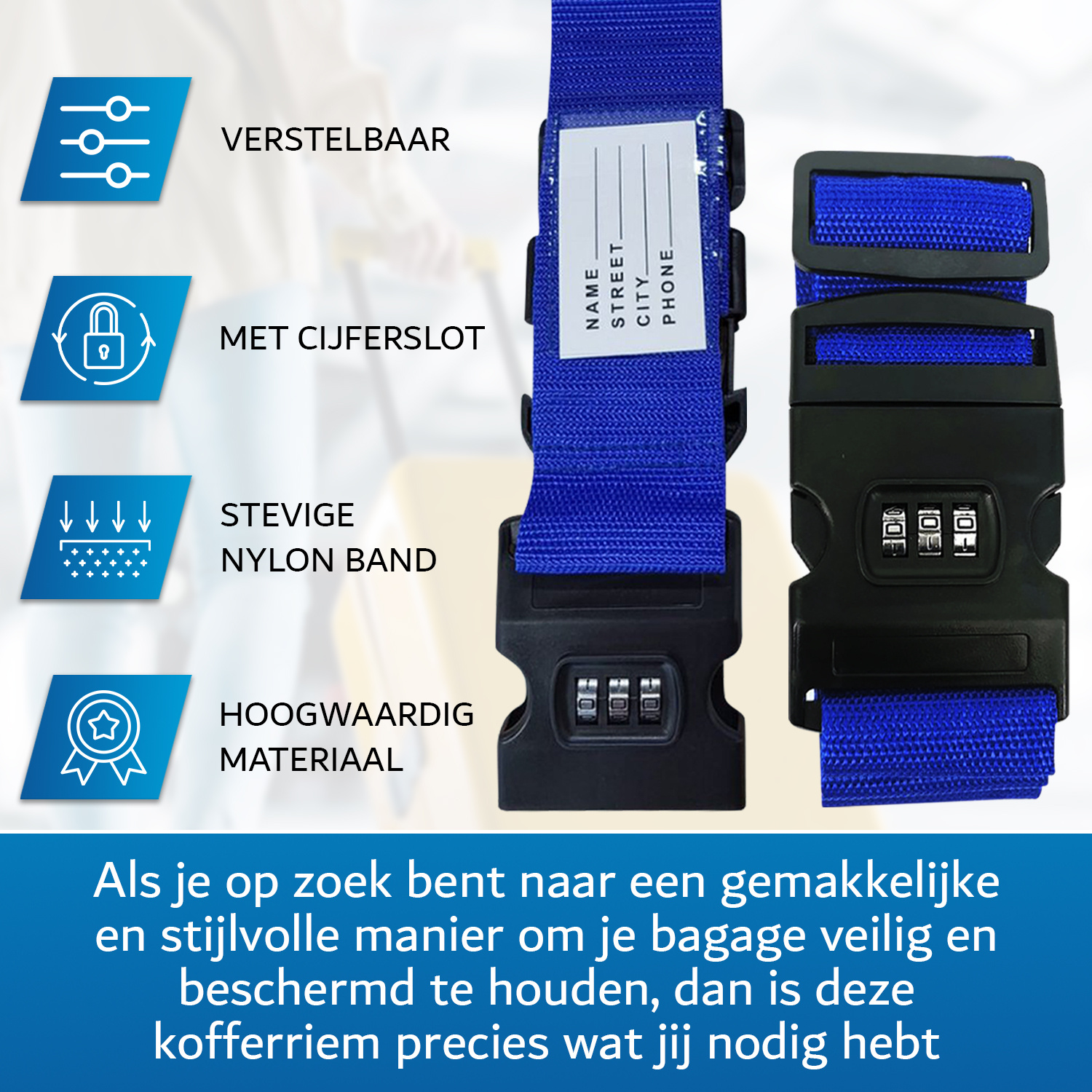 JVS Products Kofferriem met cijferslot en kofferlabel - 3 stuks - Verstelbaar - Bagageriem - 200 Centimeter - Extra Beveiliging - Reizen - Blauw