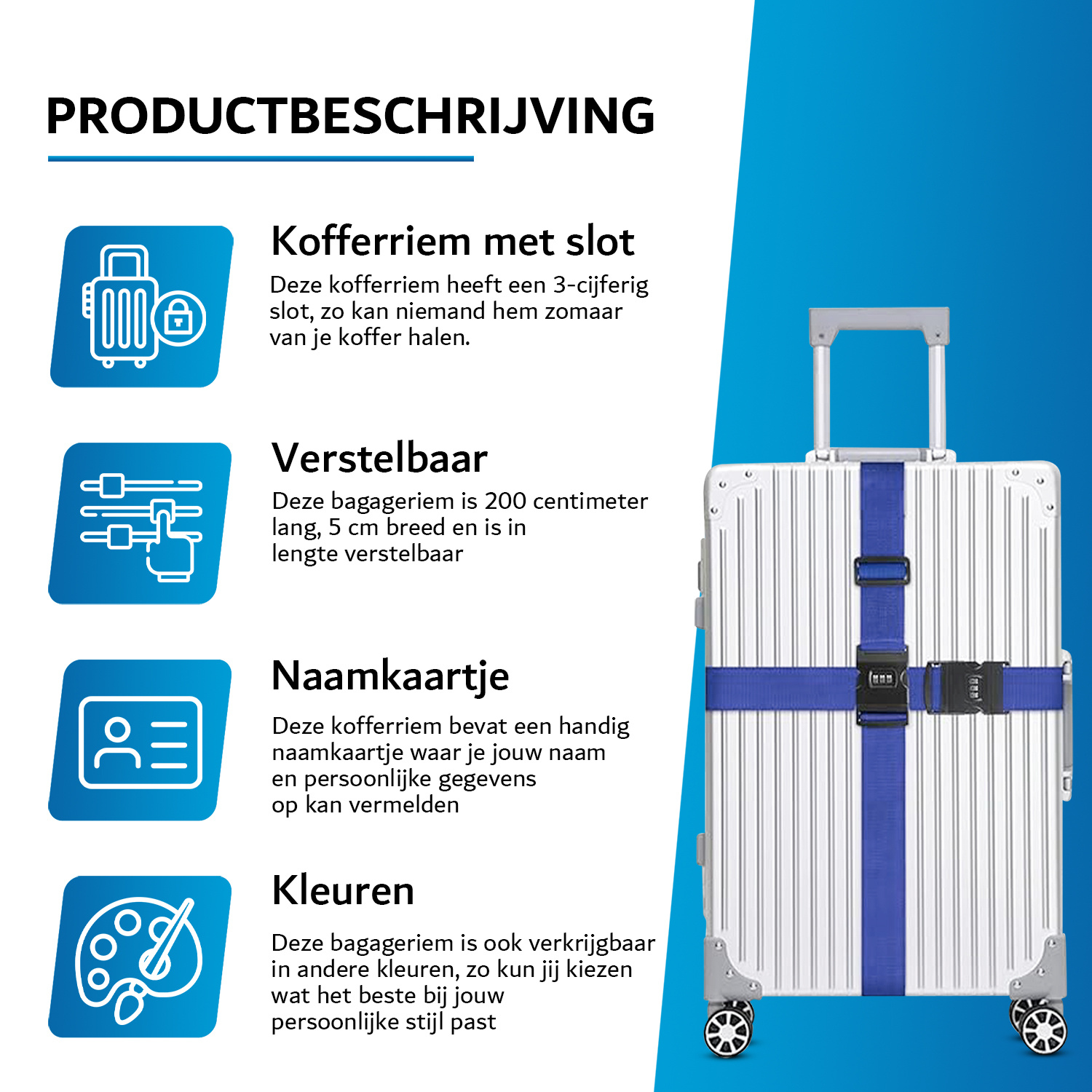 JVS Products Kofferriem met cijferslot en kofferlabel - 3 stuks - Verstelbaar - Bagageriem - 200 Centimeter - Extra Beveiliging - Reizen - Blauw