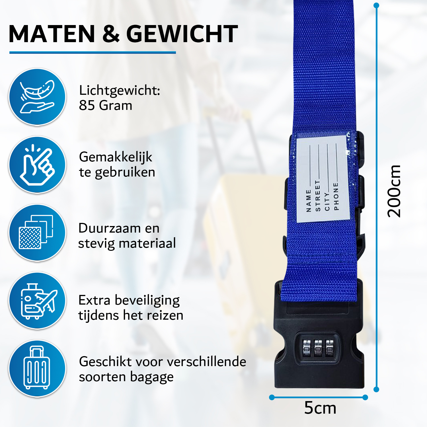 JVS Products Kofferriem met cijferslot en kofferlabel - 3 stuks - Verstelbaar - Bagageriem - 200 Centimeter - Extra Beveiliging - Reizen - Blauw