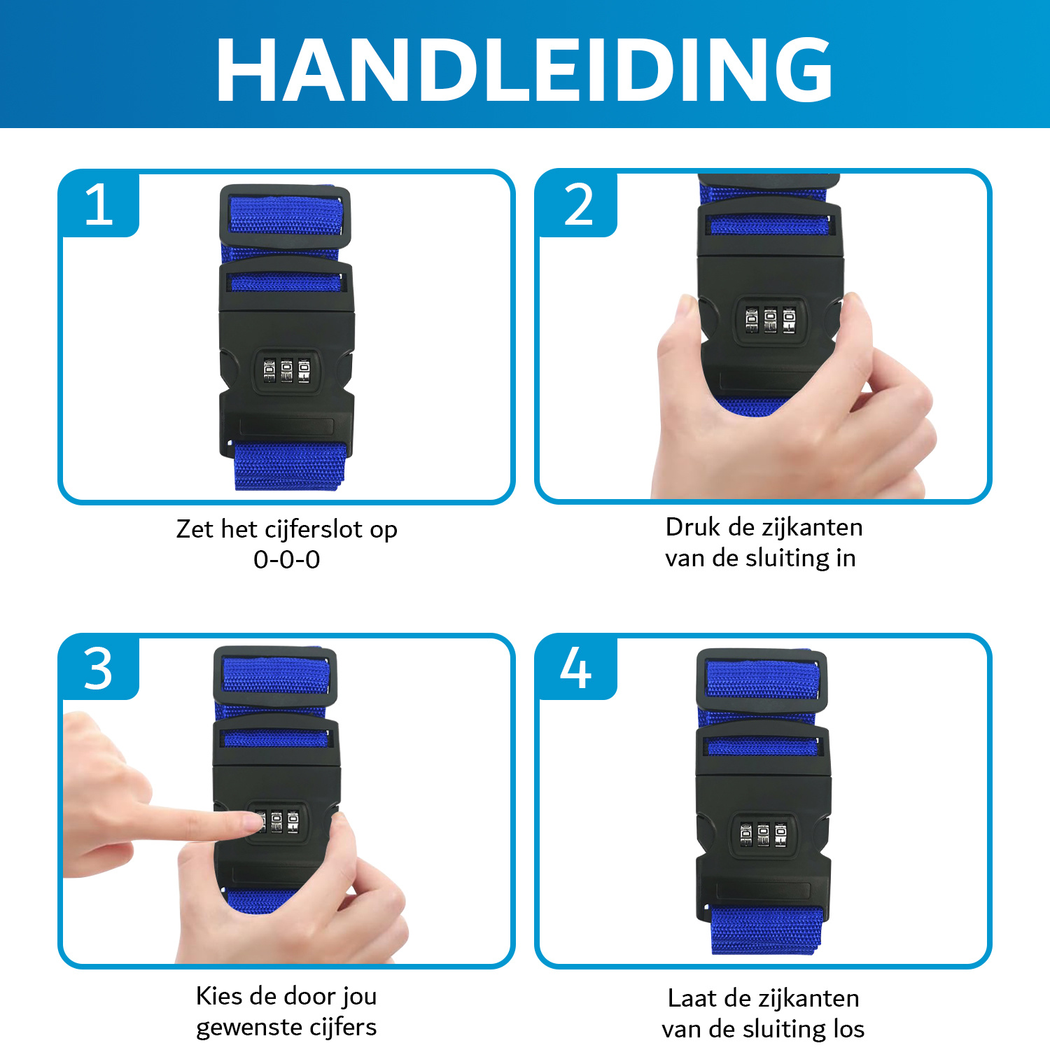 JVS Products Kofferriem met cijferslot en kofferlabel - 3 stuks - Verstelbaar - Bagageriem - 200 Centimeter - Extra Beveiliging - Reizen - Blauw