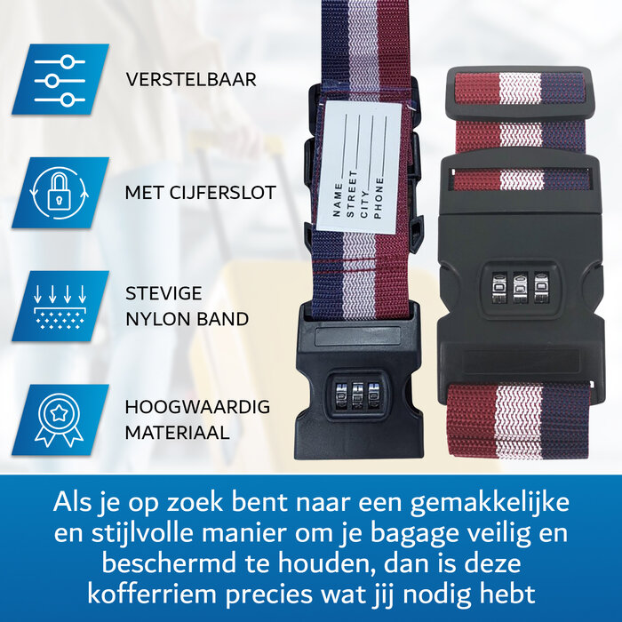 JVS Products Kofferriem met cijferslot en kofferlabel - 3 stuks - Verstelbaar - Bagageriem - 200 Centimeter - Extra Beveiliging - Reizen - Nederland - Rood/Wit/Blauw