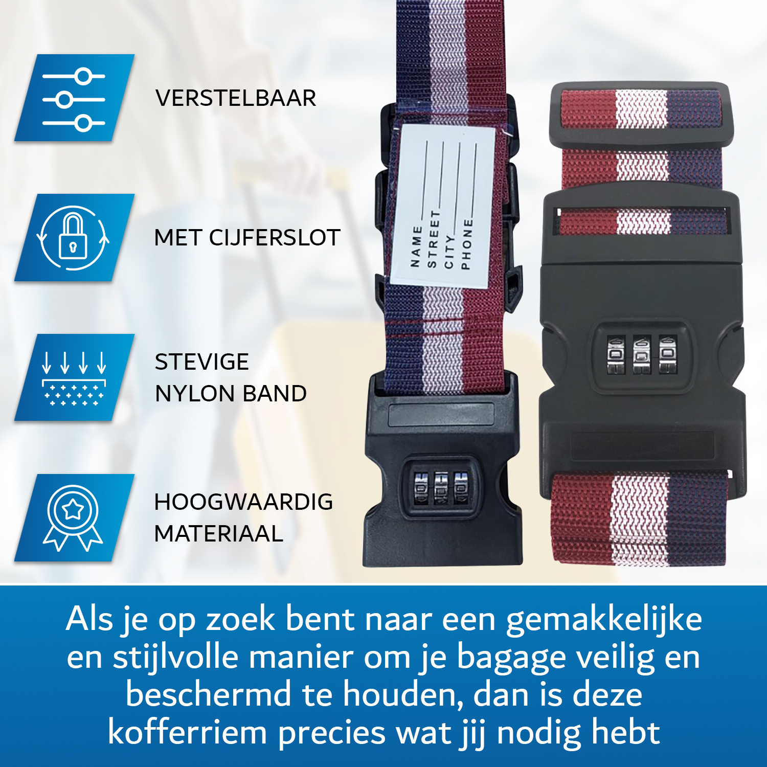 JVS Products Kofferriem met cijferslot en kofferlabel - 3 stuks - Verstelbaar - Bagageriem - 200 Centimeter - Extra Beveiliging - Reizen - Nederland - Rood/Wit/Blauw
