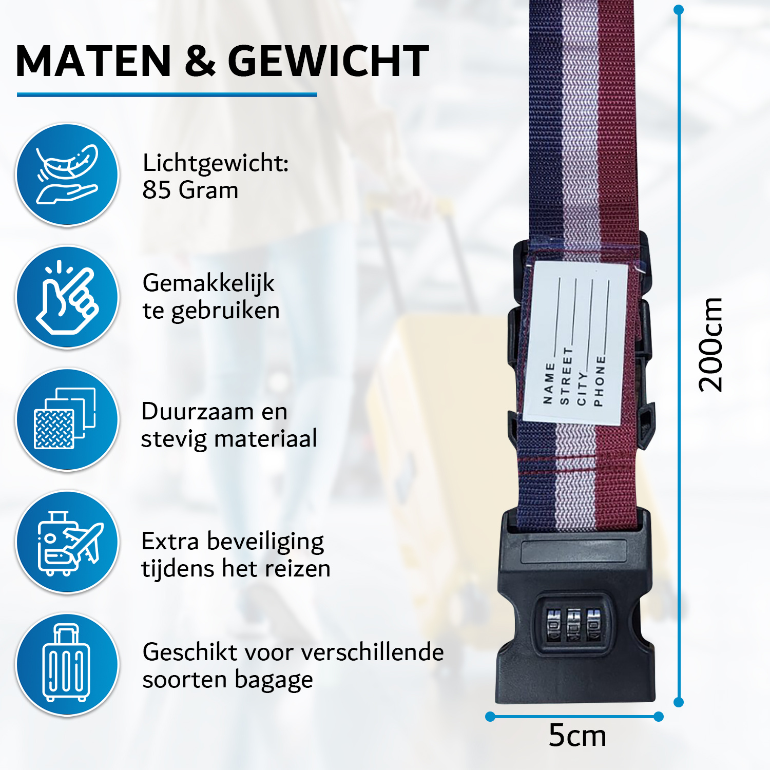 JVS Products Kofferriem met cijferslot en kofferlabel - 3 stuks - Verstelbaar - Bagageriem - 200 Centimeter - Extra Beveiliging - Reizen - Nederland - Rood/Wit/Blauw